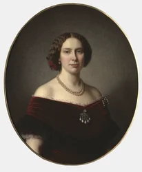 Louise des Pays Bas, reine de Suede et Norvege - Portrett av Louise av Nederland (1828-1871), dronning av Sverige og Norge, av Lindegren, Amalia (1814-1891). Olje på lerret. Mål: 85x73 cm. Nationalmuseum Stockholm