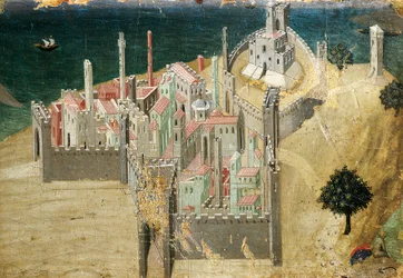 By ved havet, av Ambrogio Lorenzetti (1290-ca. 1348), tempera og gull på tre, 22.5x33.5 cm