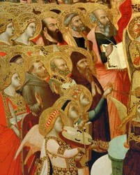 Detalj av et alter: Helgener og engler som tilber Kristus ...