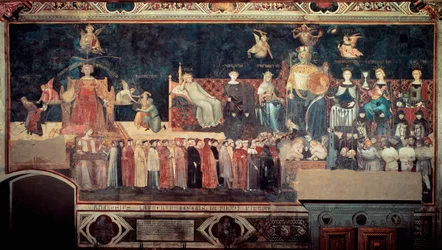 Virkninger av godt og dårlig styre på byen og landsbygda (Allegoria del buon e del cattivo governo): detalj som fremstiller godt styre (allegorier over Fred, Storsinn, Klokskap, Måtehold, Rettferdighet). Freske av Ambrogio Lorenzetti (1290-1348).