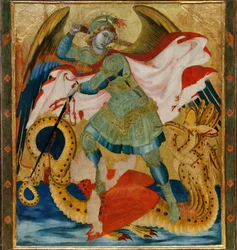 Erkeengelen Sankt Mikael dreper dragen mellom de hellige Benedikt og Bartolomeus