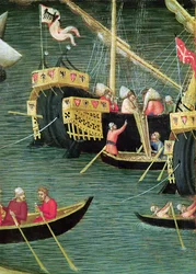 St. Nicholas redder Mira fra hungersnød, detalj av et skip, ca. 1327-32 (tempera på panel)
