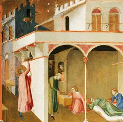St. Nicholas tilbyr tre fattige jenter deres medgift, detalj fra mirakler av St. Nicholas av Bari av Ambrogio Lorenzetti (1290-cirka 1348), tempera på tre