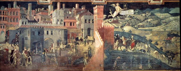 Virkningene av godt og dårlig styre på byen og landet. Detalj av byen. Freske av Ambrogio Lorenzetti (1290-1348)
