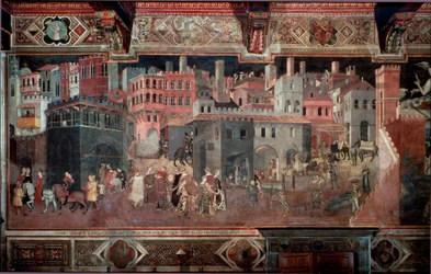 "Effektene av god og dårlig regjering på byen og landet." Detalj av byen. Fresco av Ambrogio Lorenzetti (1290-1348)