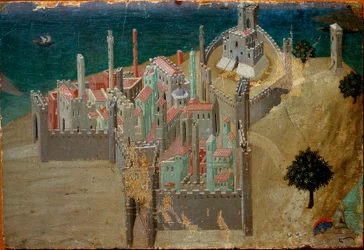 Utsikt over en befestet by nær havet Detalj. Detrempe på tre av Ambrogio Lorenzetti