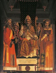 Italia, Lombardia, Pavia Charterhouse (Certosa), femte kapell til høyre, altertavle med Saint Syrus tronet av Ambrogio da Fossano kjent (quot;il Bergognonequot;)
