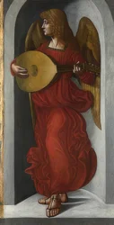 En engel i rødt med en lutt (vingen til alteret i San Francesco, Milano). Rundt 1495-99