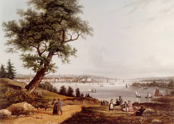 Utsikt over byen New York i 1840. Litografi av Louis Ambroise Garneray (1783-1857). Paris. B.N.