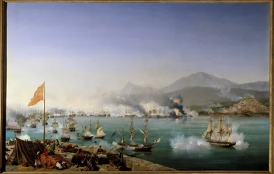 Gresk uavhengighetskrig: “” Utsikt over Navarins sjøslag 20.10.1827”” Det fant sted i Navarinbukta (Pylos, vestlige Peloponnes) mellom den osmanske flåten og en fransk-anglo-russisk flåte. Maleri av Ambroise Louis Garneray (1783-1857) 1831 Søn. 1,79 x