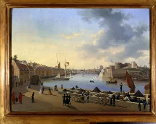 The Port of Brest and the Artillery Stock - maleri av Louis Garneray, ca 1820, Olje på lerret, H. 0,330; L. 0,460. CCIP Coll.