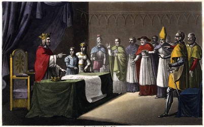 Assemblee of Worms: Louis I the Debonnaire (778-840), konge av Frankrike, deponert av sine tre sønner (Lothaire, Pepin og Louis) for å ha ønsket å gjenkople riket sitt til fordel for sin fjerde sønn (Charles, en figur i blå ved siden av kongen) i 833.