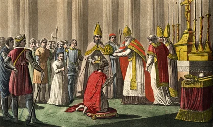 Karl den store (742-814) kronet ved pave Leo III (ca. 750-816) i Peterskirken i Roma den 25. desember 800. Tegnet og gravert av Ambroise Tardieu i 1825.