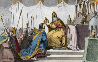 Karl den store (742-814), kronet ved pave Leo III (ca. 750-816) i Peterskirken i Roma den 25. desember 800 - Karl den stores (742-814) salving (kroning) i 800 ved pave Leo III - Stikk fra 1825 i «Frankrikes historie fremstilt gjennom synoptiske bilder»