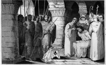 Childeric III (714-751) er detronisert og begrenset til et kloster - Childeric III detroner og innelukket av Pepin le Brit i et kloster i Saint Omer mellom 742-749 - Gravering av 1825 i "Histoire de France representert av synoptiske malerier dediee til c