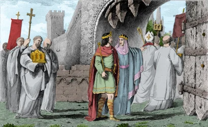 Chilperic I (539-584) i en religiøs prosesjon - Chilperic I, etter drapet på Sigebert, gikk inn i Paris etter en prosesjon for ikke å synes å bryte eden han hadde avlagt om å komme bare med samtykke fra brødrene hans. Brunehaut (eller Brunehilde