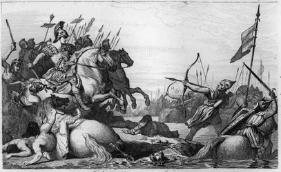 Chlodio den Langhårede (ca. 428-ca. 448) trekker seg tilbake over broen etter nederlaget ved Aëtius - Chlodio, kalt «den Langhårede» (ca. 428-ca. 448), merovingernes stamfar og leder for de saliske frankerne - Chlodio blir beseiret av Aëtius, generalen