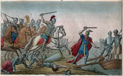 Chlodio, kalt «den Langhårede» (428-448), merovingernes stamfar og leder for de saliske frankerne. Chlodio ble beseiret av Aëtius, Valentinian III.s general, som tvang ham til å krysse Rhinen på nytt. Tegnet og gravert av Ambroise Tardieu i 1825.