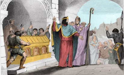 Clovis II (635-657) Selger sølv og gull fra helligdommen for å mate de fattige - Clovis II dit "" le Faineant"" for å mate de fattige gjorde at gull- og sølvbladene ble fjernet fra kirken Saint-Denis - Gravering 1825 i «Histoire de France representert ved 