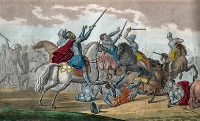 Clovis I (466-511), Frankenes konge, Merovinger-dynastiet - Under slaget ved Tolbiac mot Alamanerne sverget han å konvertere til katolisismen hvis Gud gir ham seier - Tegn og grav av Ambroise Tardieu i 1825