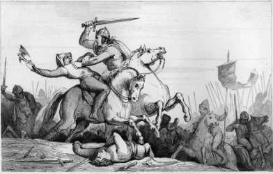 Grev Eudes forsvarer Paris mot normannerne i 885 - Eudes (Odon) (860-898), karolingiske dynasti, leder slaget mot normannerne og forsvarer Paris (885 - 887) seirende - Gravering av 1825 i "Histoire de France representert ved synoptisk maling