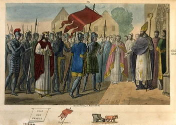 Dagobert 603 til 639 som tok ned banneret ved St Denis - Dagobert I (? - 639), kongen av frankerne, Merovinger-dynastiet. Han grunnla klosteret Saint Denis hvor han deponerte oriflamen. Tegninger og graver av Ambroise Tardieu i 1825.