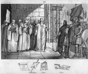 Dagobert 603 til 639 tar ned banneret ved St Denis - Dagobert I, kongen av frankene, etter å ha opprettet klosteret Saint-Denis, har oriflamen deponert der rundt 634 - Gravering av 1825 i "Histoire de France representert ved synoptiske malerier dedie"
