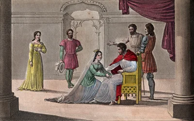Emma of France (894-934) kissing the knees of her husband Raoul (circa 890-936) whom she chose as king during the captivity of Charles III the Simple - Draw and grave by Ambroise Tardieu in 1825