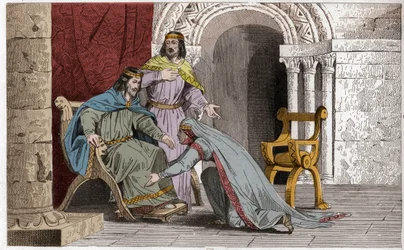Emme kysser kneet til ektemannen Raoul (d936) i anerkjennelse av hans suverenitet - Emma de France (894-934) kysser knærne til ektemannen Raoul (ca. 890-936) som hun valgte som konge under fangenskapet til Charles III the Simple - Gravering av 1825 in