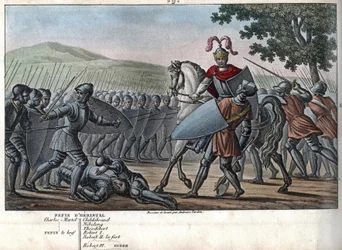 Eudes (Odon) (860 - 898), det karolingiske dynastiet, ledet slaget mot normannerne og forsvarte Paris (885 - 887) seirende - Designet og gravert av Ambroise Tardieu i 1825.