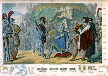 Frans I av Frankrike ber om å bli riddet av Chevalier Bayard etter seier i slaget ved Marignano, Italia