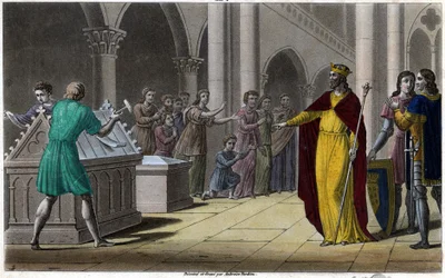 Grimoald, sønn av Pépin den eldre, borgermester i palasset i Austrasia (642) under Sigebert III. Designet og gravert av Ambroise Tardieu i 1825.