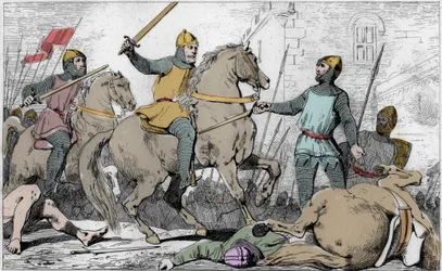 Hugh Capet (941-996) fanger Charles de Lorraine i 988 - Slutten av det karolingiske dynastiet, 988: arrestasjon av Charles (953-991), hertugen av Basse Lorraine, av Hugues Capet (941-996) og hans hær - Gravering av 1825 i "Histoire de France representert v