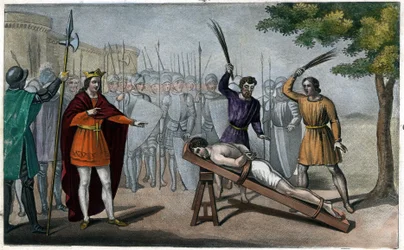 Lord Bodillon blir pisket etter å ha klaget over Childeric IIs (653-73) skatteøkning - Childeric II har bundet seg til en post, og slått som en slave, en burgundisk herre ved navn Badillon eller Bodillon, for å ha våget å presentere ham faren for en overdr