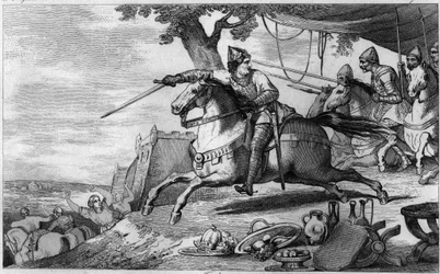 Lothair (941-986) leder hæren sin inn i kamp (Aachen) - Lothaire (941-986), Merovingerdynastiet - Han kjempet mot den germanske keiseren Otton I og overraskelsesangrepet i Aachen (Aachen) - Gravering av 1825 i «Histoire de France representert ved