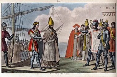 Louis IV av Outremer (oversjøisk, oversjøisk) (921-954), karolingisk dynasti. Han ble brakt tilbake fra England til Frankrike av Guillaume, Archeveque de Sens, for å gjenvinne under veiledning av Hugues den store. - Tegn og grav av Ambroise Tardieu i 1825.