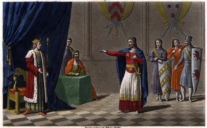 Louis V le Faineant (c. 967-987), proclaimed King of France by the protection of Hugues Capet, future king of France, in 986 Draw and grave by Ambroise Tardieu in 1825.