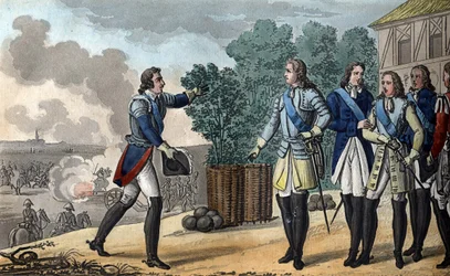 Ludvig XV (1710-1774). Kongen og Dauphin deltar i slaget ved Fontenoy, som var svært viktig for utfallet av krigen etter den østerrikske arvefølgen. Marskalken av Sachsen vant slaget ved Fontenoy i 1748. - Designet og gravert av Ambroise Tard