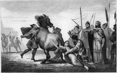 Den austrasiske dronning Brunhilds død, en vestgotisk prinsesse gift med kong Sigibert I av Austrasia - torturen av Brunhild: Brunhild eller Brunehilde (543-613), Klotar IIs fange, bindes i 613 til halen på en fyrig hest - E