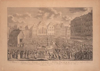 Frans 2.s kroningsprosesjon fra Frankfurt domkirke til Römerberg i juli 1792