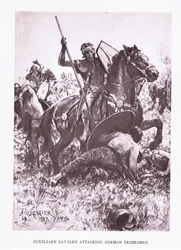 Hjelpekavaleri angriper tyske stammemenn, illustrasjon fra The Roman Soldier, 1928