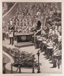 Stor frimurerforsamling i Royal Albert Hall til ære for dronningens jubileum, fra «The Illustrated London News», 18. juni 1887