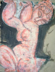 Rosa naken, karyatid (wc, gouache, fargestift og blyant på papir)