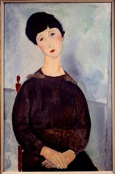 Portrett av en sittende brun jente, maleri av Amedeo Modigliani