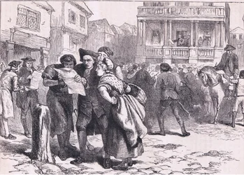 Bostonianere som leser Stamp Act, illustrasjon fra Cassells History of the United States utgitt av Cassell, Petter & Galpin, ca. 1900 (litho)