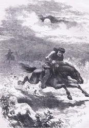Pursuit of Paul Revere the scout, illustrasjon fra Cassells History of the United States utgitt av Cassell, Petter & Galpin, ca. 1900 (litho)