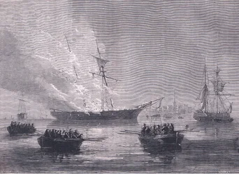 The burning of Gaspe, illustrasjon fra Cassells History of the United States utgitt av Cassell, Petter & Galpin, ca. 1900 (litho)