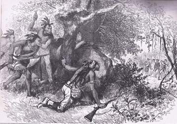 Treachery of the Cherokees 1760, illustrasjon fra Cassells History of the United States utgitt av Cassell, Petter & Galpin, ca. 1900 (litho)