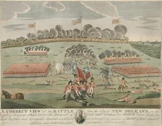 Et riktig syn på slaget nær byen New Orleans, pub. ca. 1815 (håndfarget gravering)