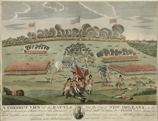 Et riktig syn på slaget nær byen New Orleans, pub. ca. 1815 (håndfarget gravering)